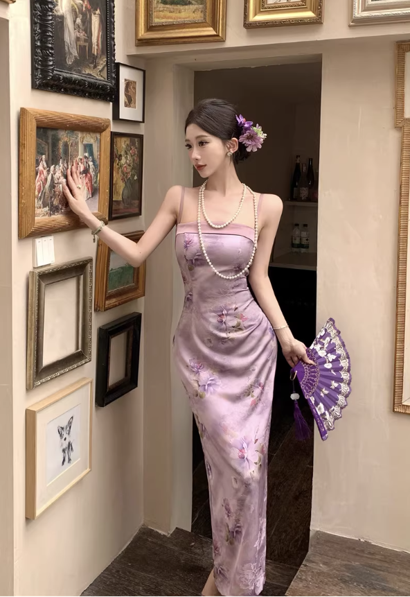 Vintage Purple Floral Design Satin A-line Spaghetti Strap Dress HZ1024