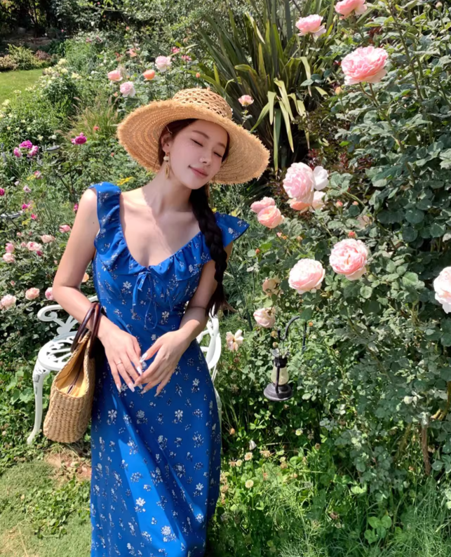 New Fashion Navy Blue Floral Design Elegant Beach Holiday A-line Sleeveless Women Dress HZ1024