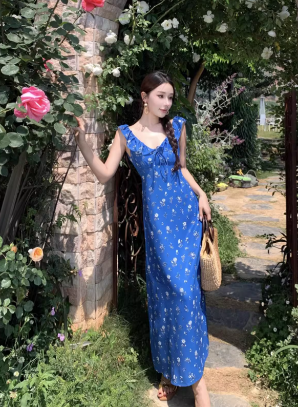 New Fashion Navy Blue Floral Design Elegant Beach Holiday A-line Sleeveless Women Dress HZ1024