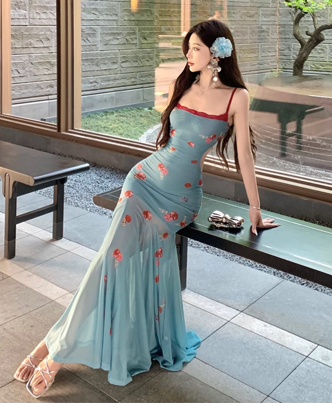 New Fashion Blue Mermaid Floral Design A-line Spaghetti Strap Dress HZ1024