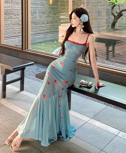 New Fashion Blue Mermaid Floral Design A-line Spaghetti Strap Dress HZ1024