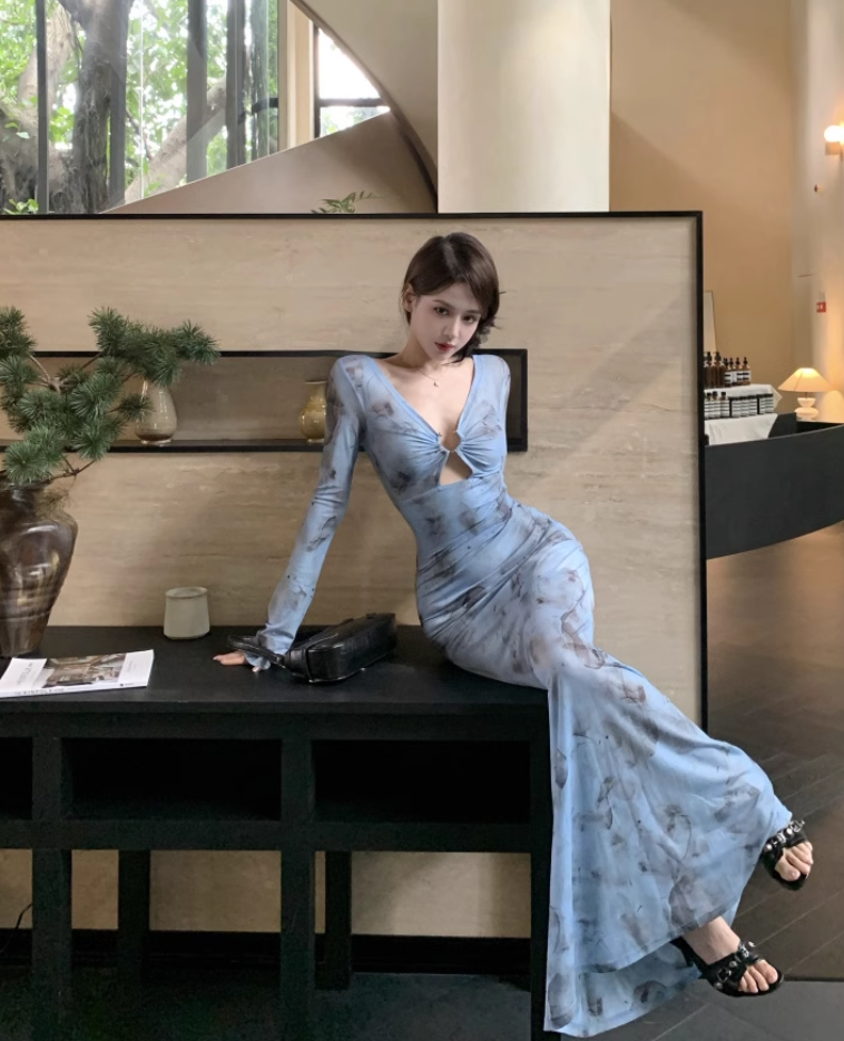 Vintage Blue Floral Design A-line Long-sleeved Dress HZ1024