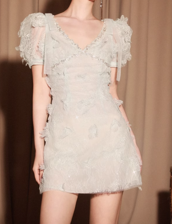 Chic Light-Blue Short-sleeved A-line Appliqued V-neck Party Dresses Homecoming Dresses, HZ1024