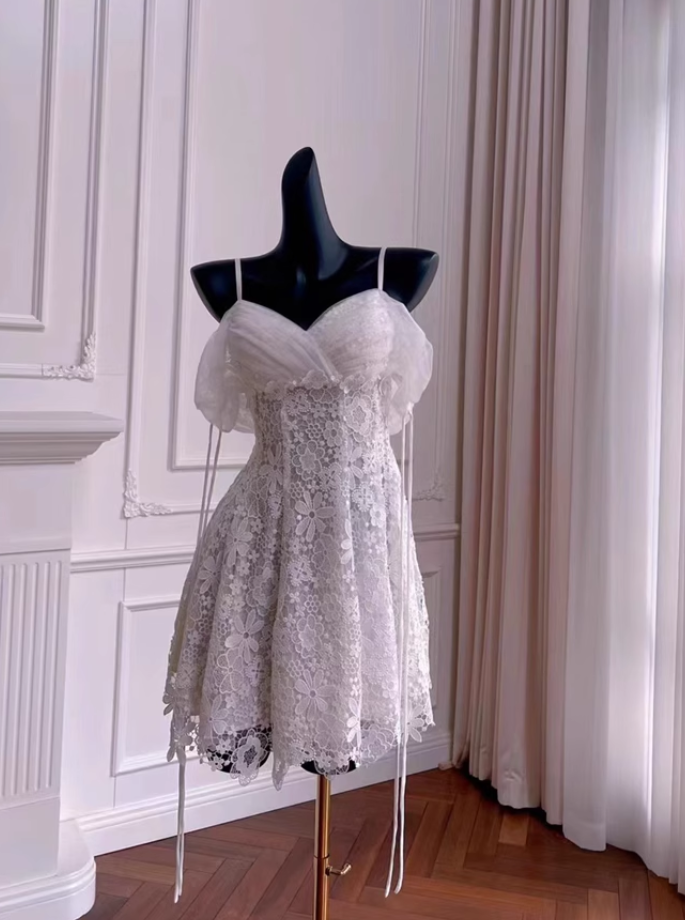 Vintage White Spaghetti Strap Appliqued A-line Party Dresses Homecoming Dresses, HZ1024