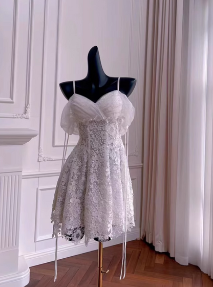 Vintage White Spaghetti Strap Appliqued A-line Party Dresses Homecoming Dresses, HZ1024
