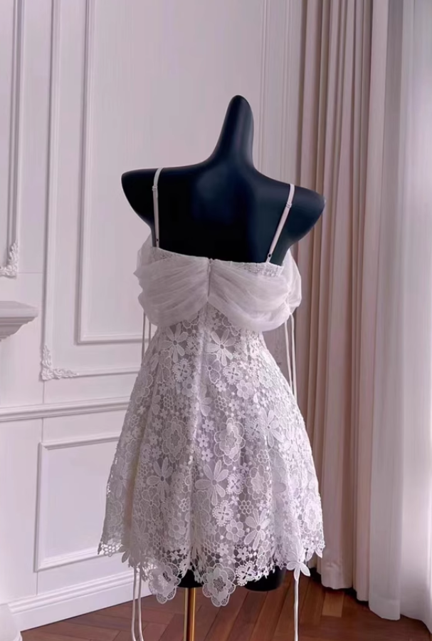Vintage White Spaghetti Strap Appliqued A-line Party Dresses Homecoming Dresses, HZ1024