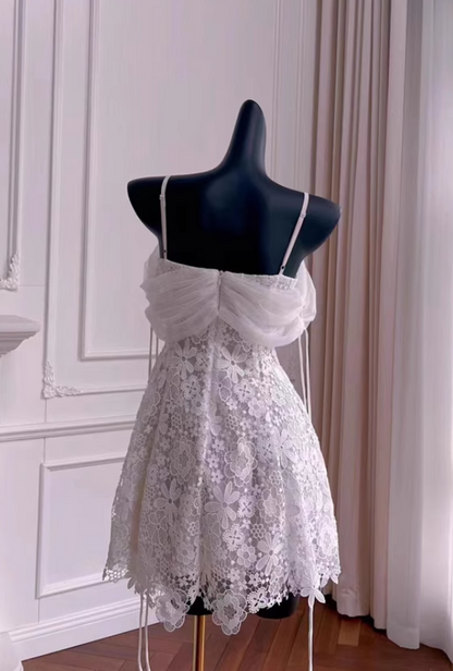Vintage White Spaghetti Strap Appliqued A-line Party Dresses Homecoming Dresses, HZ1024