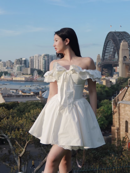 Simple White Off-the-shoulder Lace Bow Design A-line Party Dress Homecoming Dress HZ1024