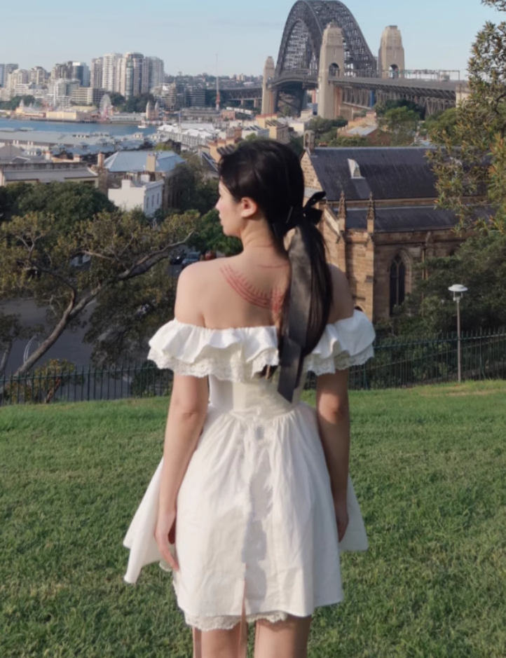 Simple White Off-the-shoulder Lace Bow Design A-line Party Dress Homecoming Dress HZ1024