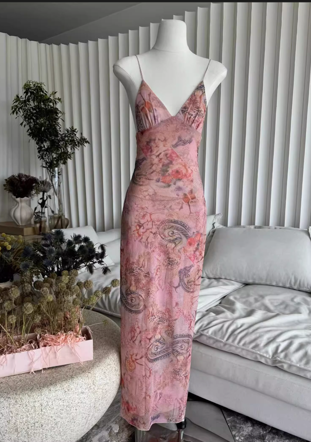 Sweet Spaghetti Strap V-neck Backless Design Floral Print A-line Women Dress HZ1024