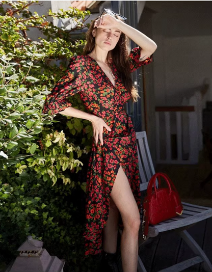 Vintage Floral V-neck Design A-line Half-sleeved Women Party Dress HZ1024