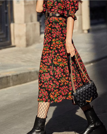 Vintage Floral V-neck Design A-line Half-sleeved Women Party Dress HZ1024