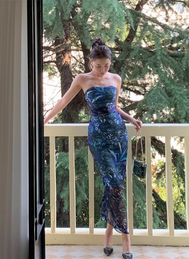 New Fashion Floral Strapless Design Sheath Women Party Dress HZ1024