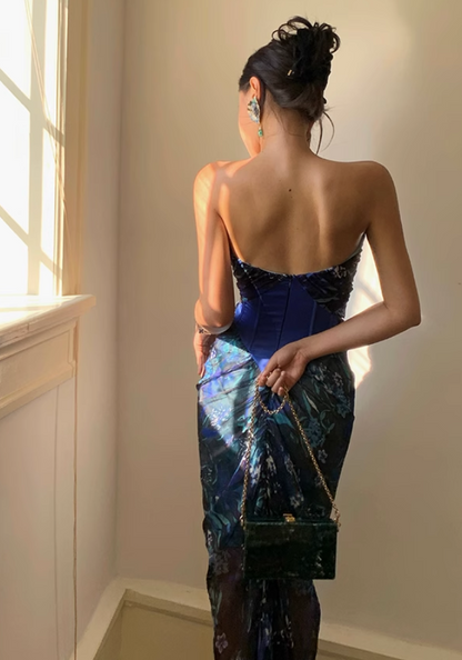 New Fashion Floral Strapless Design Sheath Women Party Dress HZ1024