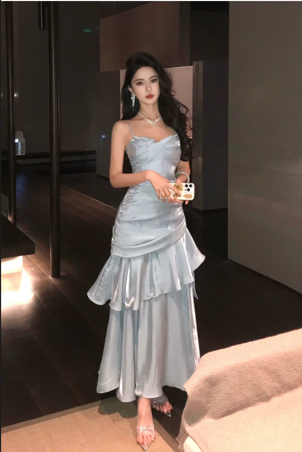 Vintage Blue Sweetheart Spaghetti Strap Mermaid Ruffled Hem Design Sexy Prom Dress Evening Dress HZ1024