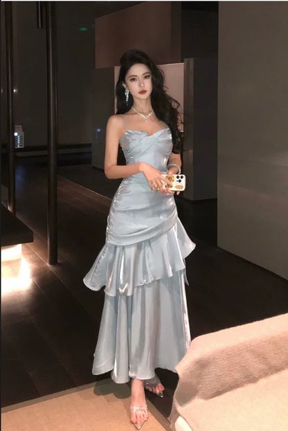 Vintage Blue Sweetheart Spaghetti Strap Mermaid Ruffled Hem Design Sexy Prom Dress Evening Dress HZ1024