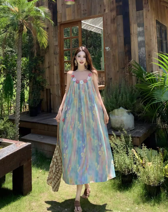 Vintage Floral Spaghetti Strap Design Elegant Beach Holiday A-Line Sleeveless Summer Dress HZ1024