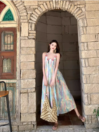 Vintage Floral Spaghetti Strap Design Elegant Beach Holiday A-Line Sleeveless Summer Dress HZ1024