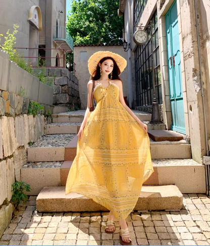 Vintage Yellow Bohemian Style Design Elegant Beach Holiday A-Line Sleeveless Halter Dress Summer Dress Party Dress HZ1024