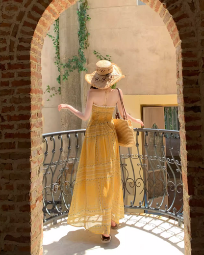 Vintage Yellow Bohemian Style Design Elegant Beach Holiday A-Line Sleeveless Halter Dress Summer Dress Party Dress HZ1024