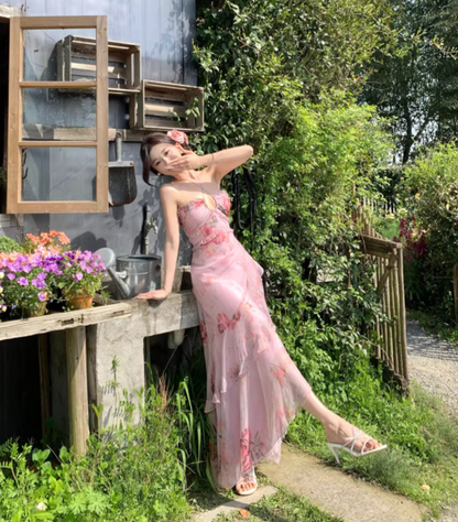Vintage Pink Floral Irregular Hem Design Elegant Beach Holiday A-Line Sleeveless Halter Dress Summer Dress Party Dress HZ1024