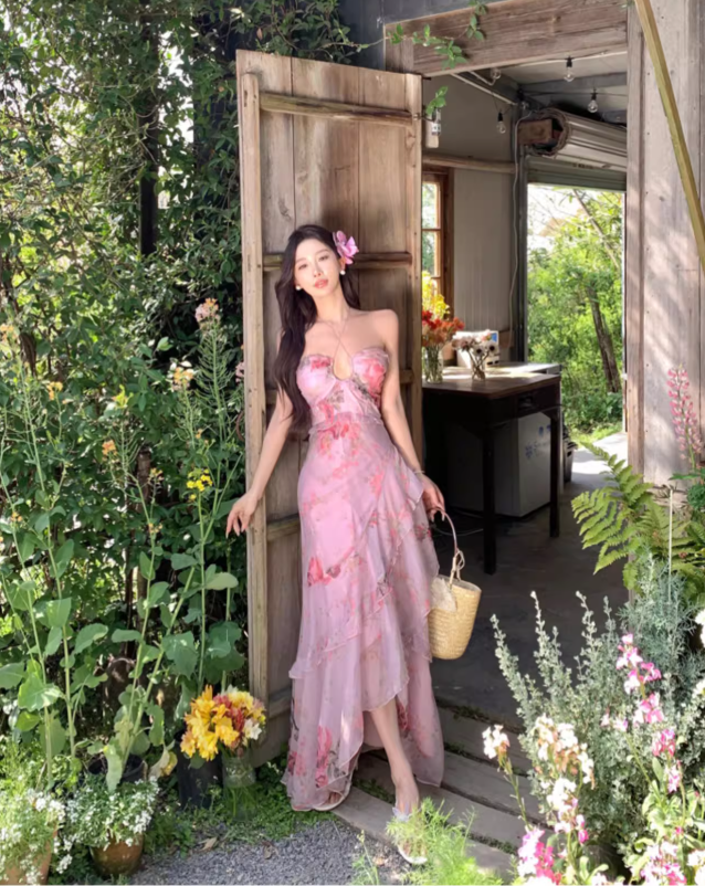 Vintage Pink Floral Irregular Hem Design Elegant Beach Holiday A-Line Sleeveless Halter Dress Summer Dress Party Dress HZ1024