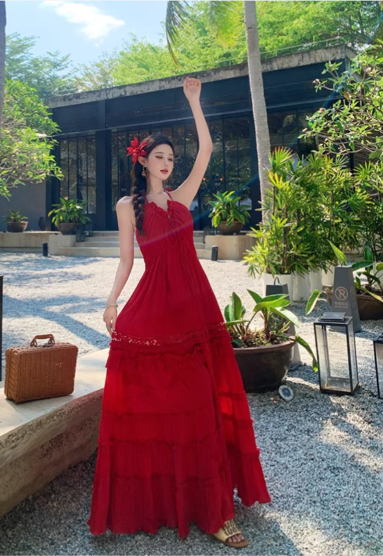 Vintage Burgundy V-neck Design Elegant Beach Holiday A-Line Sleeveless Halter Dress Summer Dress Party Dress HZ1024