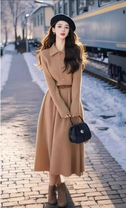 Vintage Khaki A-Line Long-sleeve Knit Dress Long Party Dress HZ1024