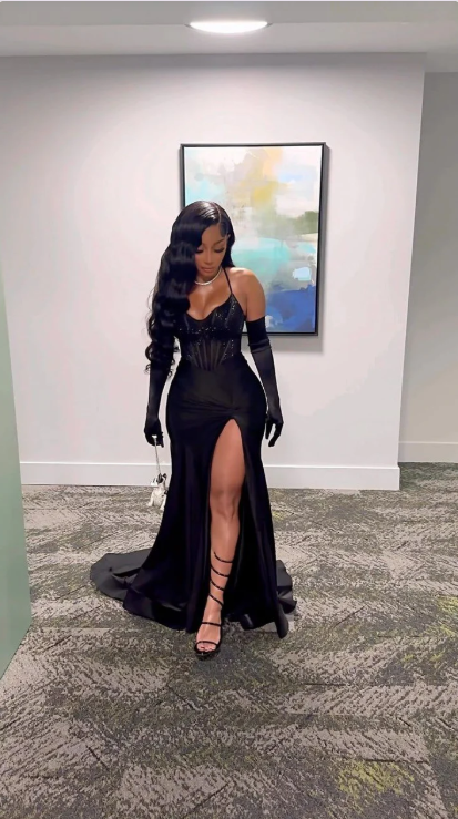 Elegant Black Sequin Prom Dress Sheath Evening Gown Long Party Dress High Slit Formal Dress HZ1024