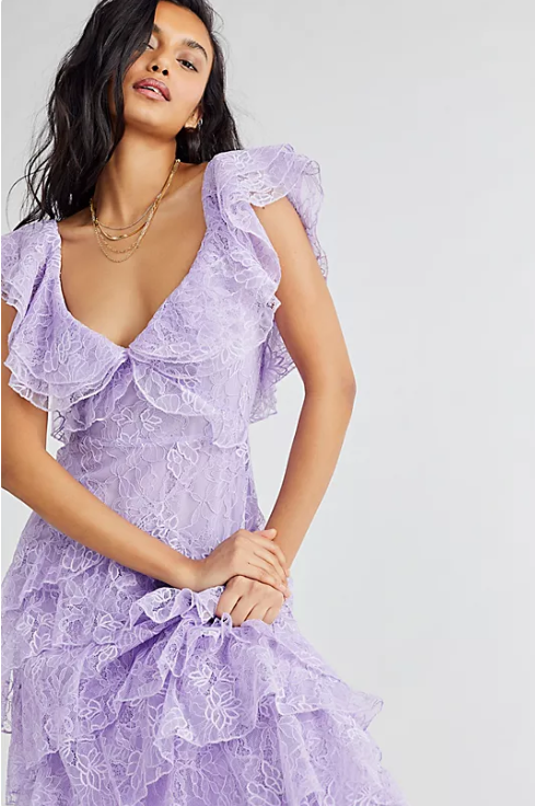 Elegant Lilac V-neck Prom Dress Lace Sheath Evening Gown Long Party Dress Tiered Formal Dress HZ1024