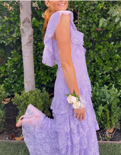 Elegant Lilac V-neck Prom Dress Lace Sheath Evening Gown Long Party Dress Tiered Formal Dress HZ1024