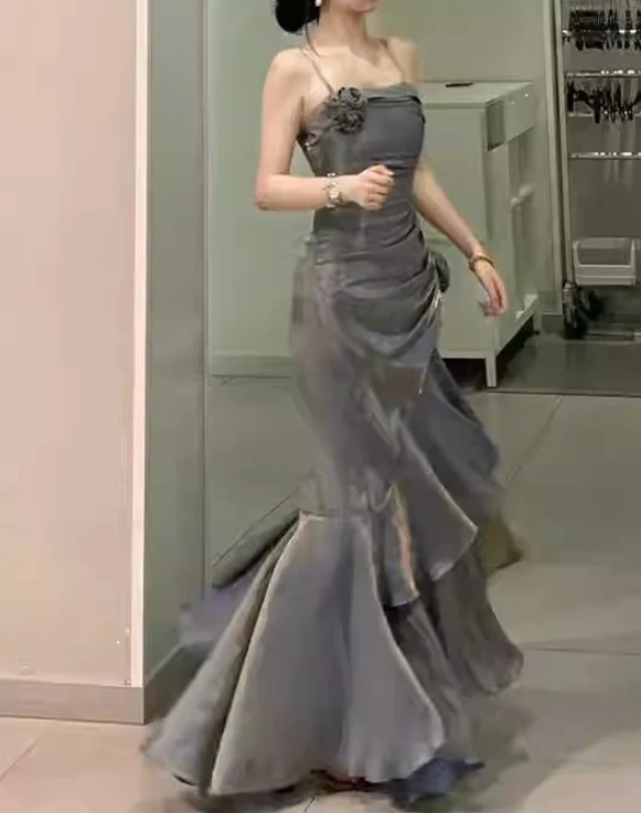 Elegant 3D Flower Satin Prom Dress Mermaid Evening Gown Party Dress Spaghetti Strap Formal Dress HZ1024