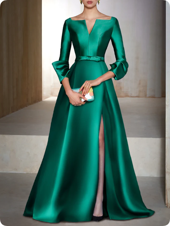 Elegant Satin Long-sleeve Prom Dress A-Line Evening Gown High Slit Party Dress Long Formal Dress HZ1024
