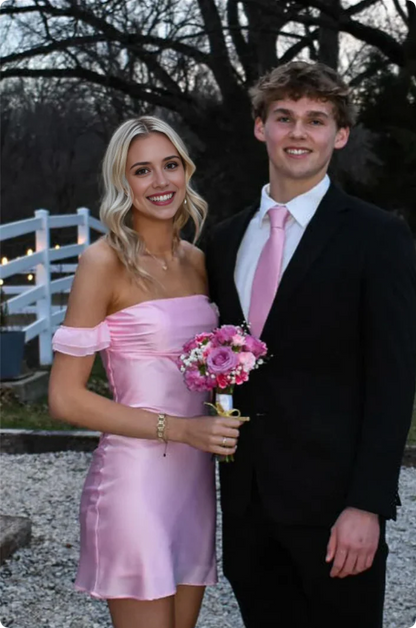 Vintage Pink Off-the-shoulder Homecoming Dress Satin Sheath Party Dress Short Cocktail Dress HZ1024