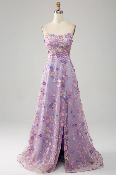 Elegant Floral Spaghetti Strap Prom Dress A-Line Applique Evening Gown High Slit Party Dress Long Formal Dress HZ1024