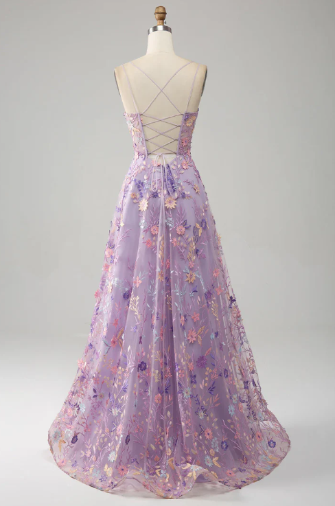 Elegant Floral Spaghetti Strap Prom Dress A-Line Applique Evening Gown High Slit Party Dress Long Formal Dress HZ1024