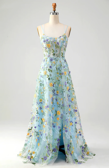 Elegant Floral Spaghetti Strap Prom Dress A-Line Applique Evening Gown High Slit Party Dress Long Formal Dress HZ1024