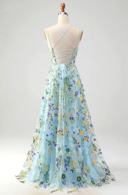 Elegant Floral Spaghetti Strap Prom Dress A-Line Applique Evening Gown High Slit Party Dress Long Formal Dress HZ1024