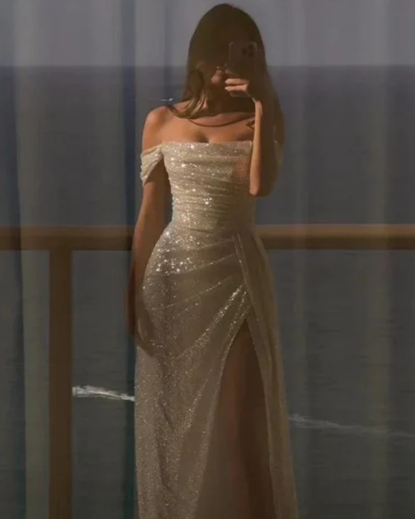 Elegant Shiny Off-the-shoulder Prom Dress Sheath Evening Gown High Slit Party Dress Long Formal Dress HZ1024