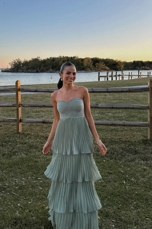 Elegant Chiffon Strapless Prom Dress Sheath Pleated Evening Gown Tiered Party Dress Long Formal Dress HZ1024