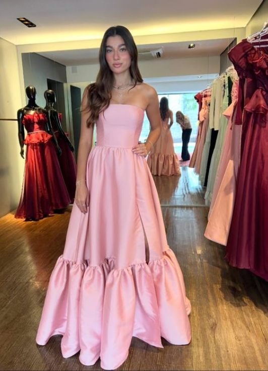 Elegant Pink Strapless Prom Dress A-Line Satin Evening Gown Party Dress Long Formal Dress HZ1024