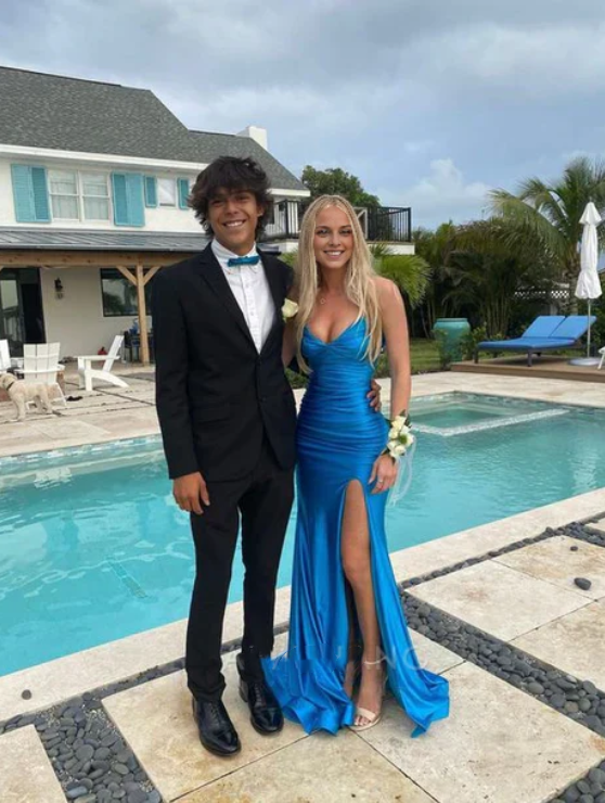 Elegant Blue Sheath Prom Dress Evening Gown High Slit Party Dress Long Formal Dress HZ1024