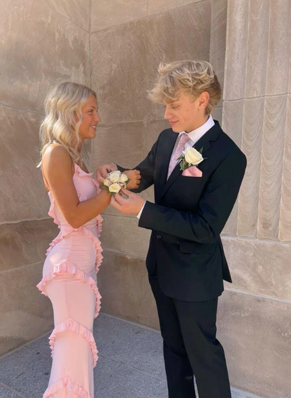 Elegant Pink Ruffled Prom Dress Sheath Evening Gown V-neck Party Dress Long Formal Dress HZ1024