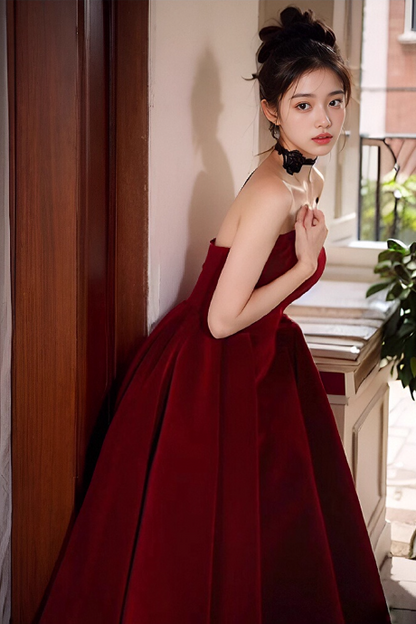 Elegant Burgundy A-Line Prom Dress V-neck Strapless Evening Gown Party Dress Long Formal Dress HZ1024