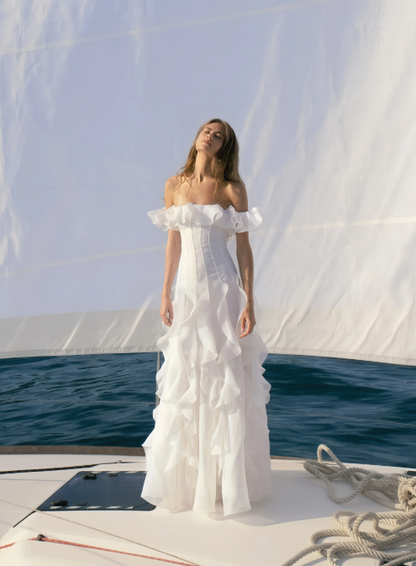 Elegant White Ruffles Prom Dress Off-the-shoulder Evening Gown Party Dress Long Formal Dress HZ1024