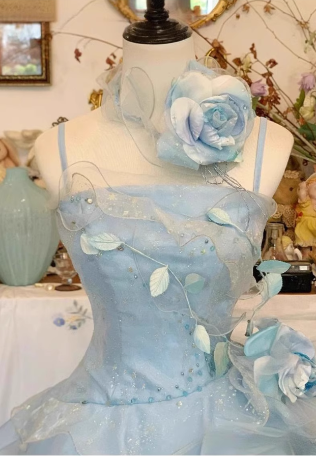 Vintage Sky Blue Spaghetti Strap Sweet 16 Quinceanera A-Line Floor-length Tiered Prom Dress Birthday Dress Evening Dress Ball Gown HZ1024