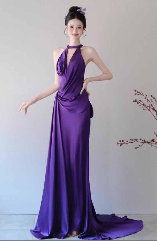 Elegant Purple V-neck Prom Dress Satin Evening Gown Sheath Party Dress Trailing Long Formal Dress HZ1024