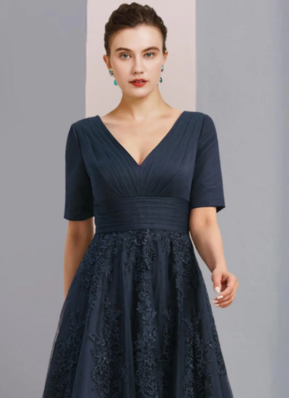Vintage Appliqued Short-sleeved Mother of Bride Dress V-neck Evening Gown A-Line Long Formal Dress HZ1024