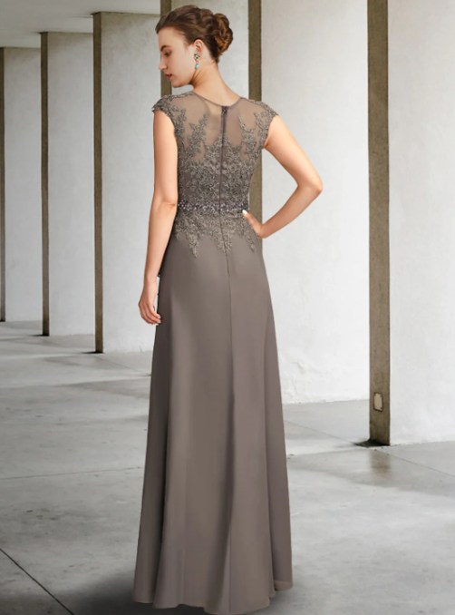 Vintage V-neck Chiffon Applique Mother of Bride Dress Cap Sleeve Evening Gown Floor Length Formal Dress HZ1024