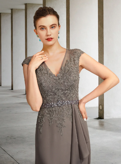 Vintage V-neck Chiffon Applique Mother of Bride Dress Cap Sleeve Evening Gown Floor Length Formal Dress HZ1024